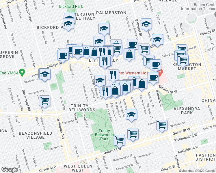 map of restaurants, bars, coffee shops, grocery stores, and more near 229 Bellwoods Avenue in Toronto