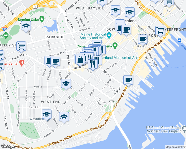map of restaurants, bars, coffee shops, grocery stores, and more near Spring St & Park St in Portland