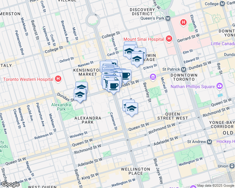 map of restaurants, bars, coffee shops, grocery stores, and more near 263 Spadina Avenue in Toronto