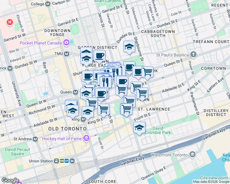map of restaurants, bars, coffee shops, grocery stores, and more near 100 Lombard Street in Toronto