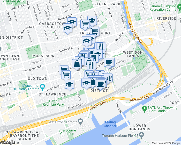 map of restaurants, bars, coffee shops, grocery stores, and more near in Toronto