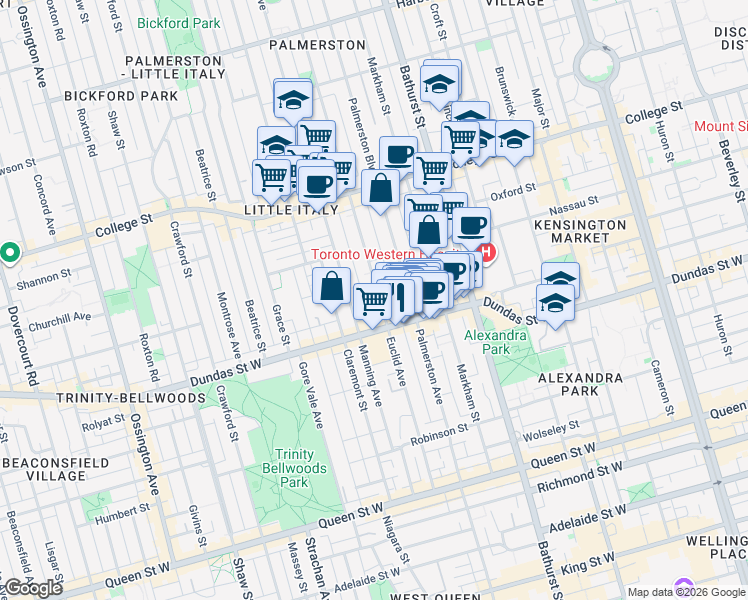 map of restaurants, bars, coffee shops, grocery stores, and more near 271 Euclid Avenue in Toronto