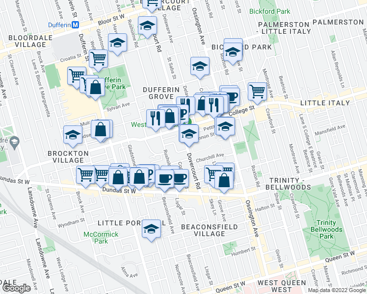 map of restaurants, bars, coffee shops, grocery stores, and more near in Toronto