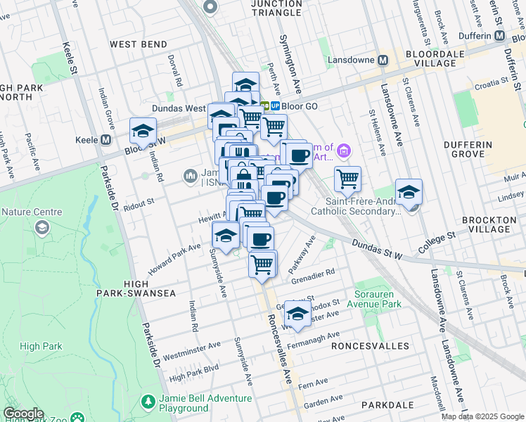 map of restaurants, bars, coffee shops, grocery stores, and more near 2161 Dundas Street West in Toronto
