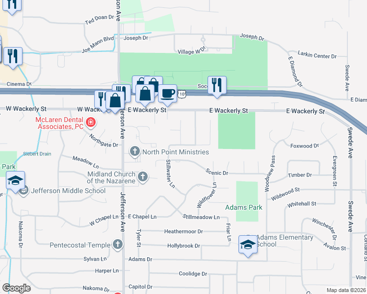 map of restaurants, bars, coffee shops, grocery stores, and more near 6106 Peachtree Circle in Midland