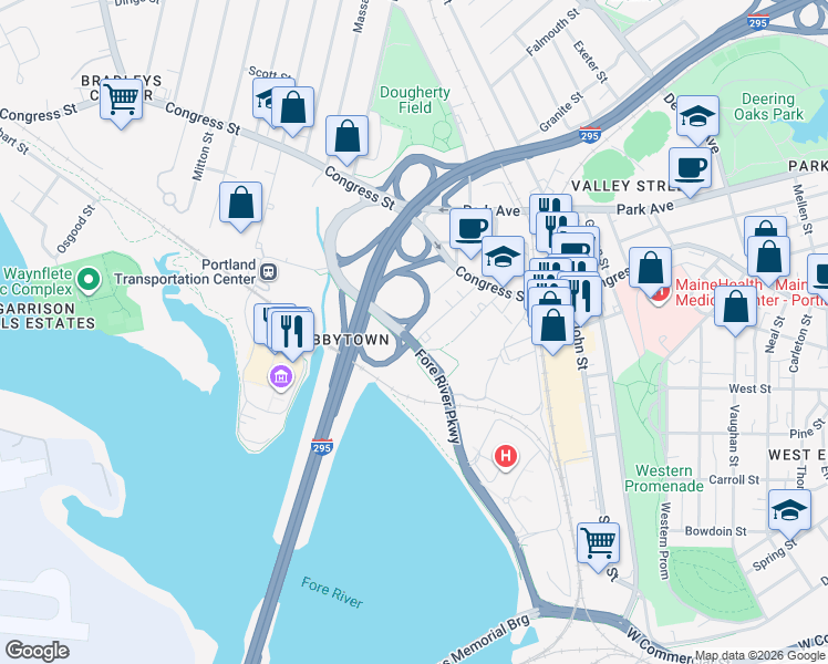 map of restaurants, bars, coffee shops, grocery stores, and more near 63 Frederic Street in Portland