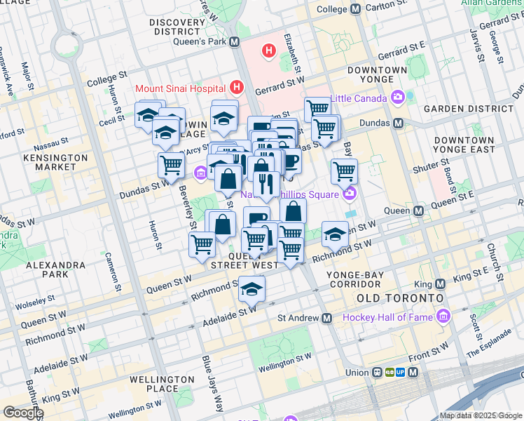 map of restaurants, bars, coffee shops, grocery stores, and more near 210 Simcoe Street in Toronto