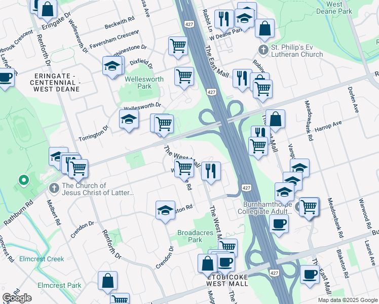 map of restaurants, bars, coffee shops, grocery stores, and more near 555 The West Mall in Toronto