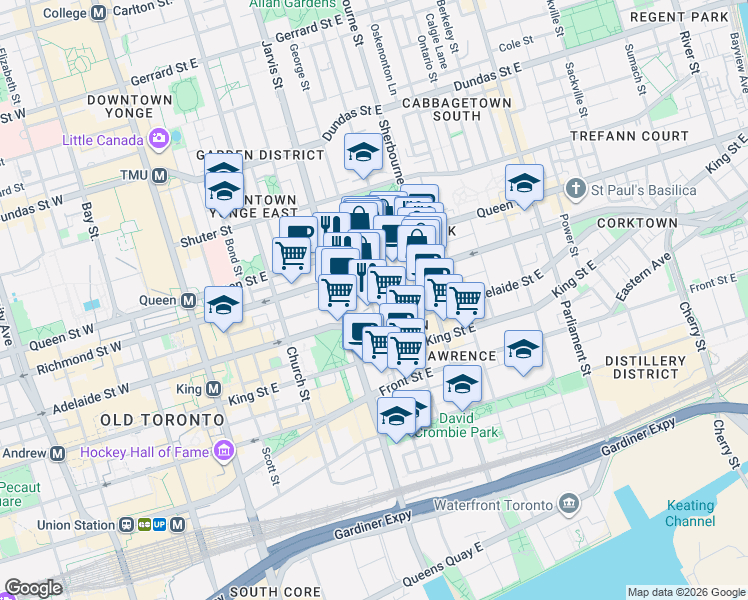 map of restaurants, bars, coffee shops, grocery stores, and more near 105 George Street in Toronto