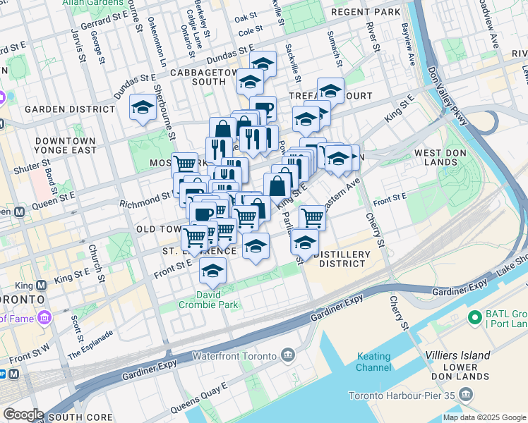 map of restaurants, bars, coffee shops, grocery stores, and more near in Toronto