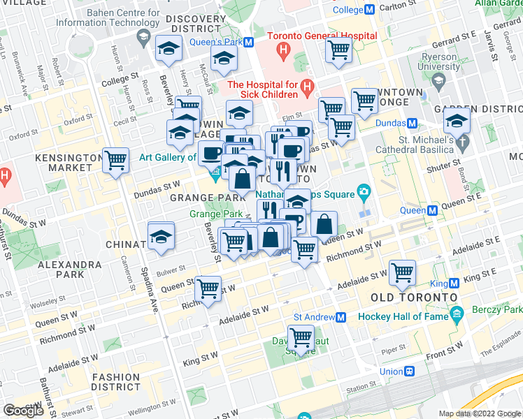 map of restaurants, bars, coffee shops, grocery stores, and more near in Toronto