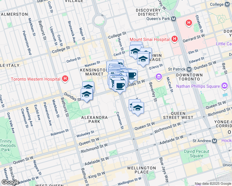 map of restaurants, bars, coffee shops, grocery stores, and more near 263 Spadina Avenue in Toronto