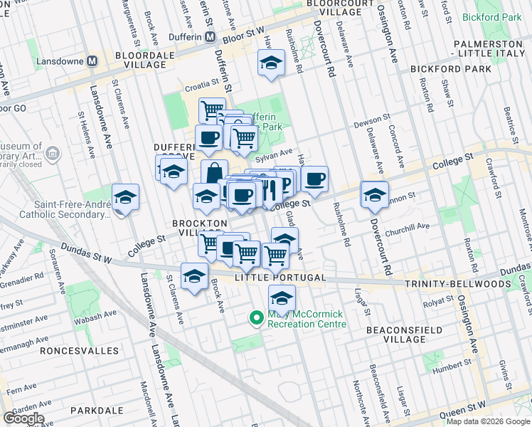 map of restaurants, bars, coffee shops, grocery stores, and more near 1111 College Street in Toronto