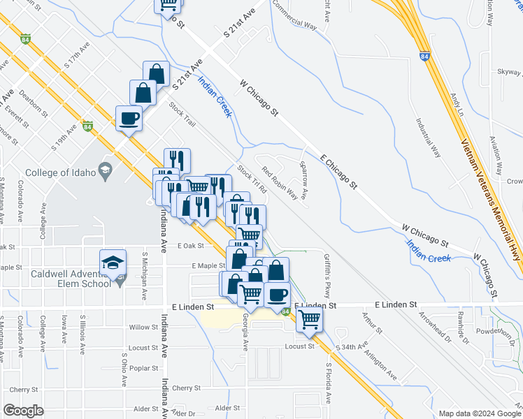 map of restaurants, bars, coffee shops, grocery stores, and more near South Georgia Avenue in Caldwell