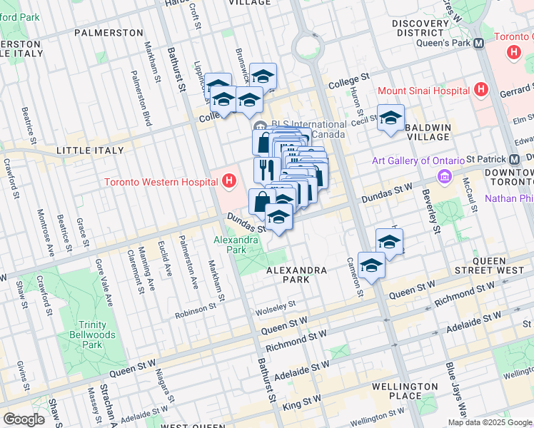 map of restaurants, bars, coffee shops, grocery stores, and more near 14 Hickory Street in Toronto