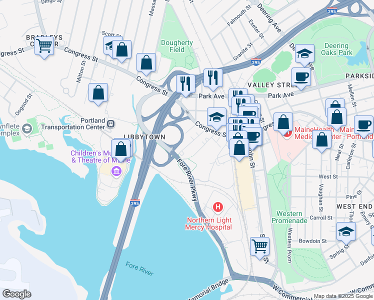 map of restaurants, bars, coffee shops, grocery stores, and more near 52 Frederic Street in Portland