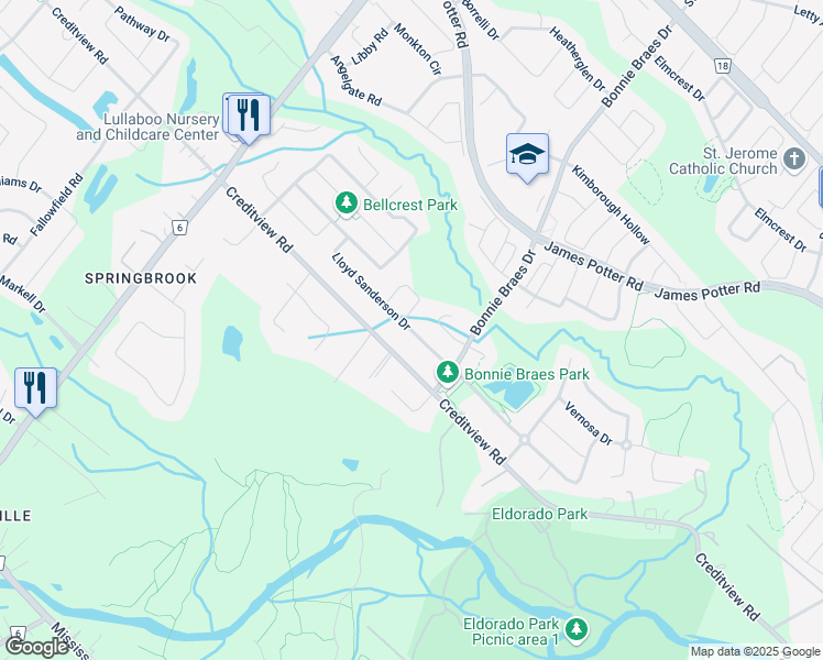 map of restaurants, bars, coffee shops, grocery stores, and more near 100 Lloyd Sanderson Drive in Brampton