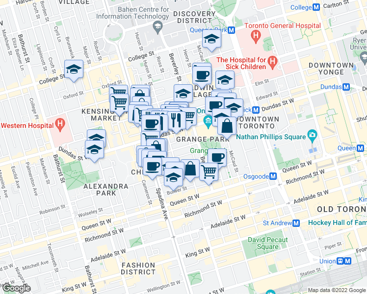 map of restaurants, bars, coffee shops, grocery stores, and more near 25 Grange Avenue in Toronto
