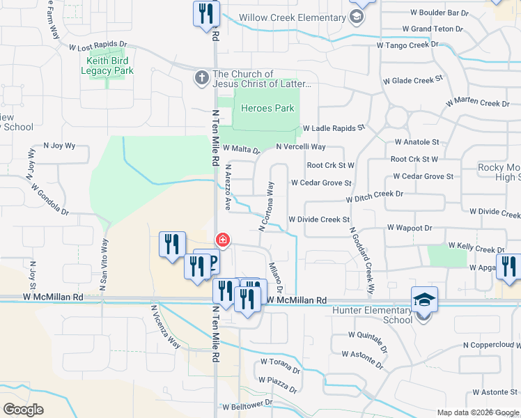 map of restaurants, bars, coffee shops, grocery stores, and more near 2974 West Divide Creek Drive in Meridian