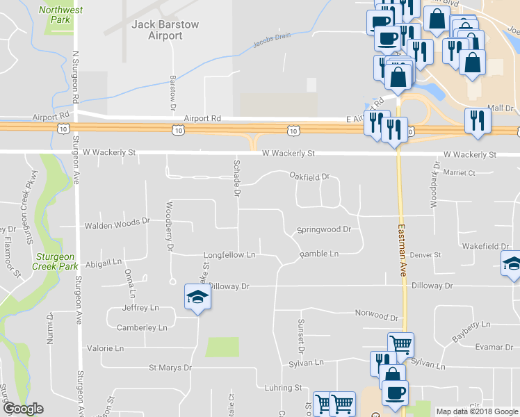 map of restaurants, bars, coffee shops, grocery stores, and more near 2401 Lalkwood Drive in Midland