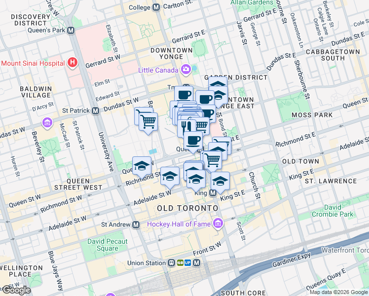 map of restaurants, bars, coffee shops, grocery stores, and more near 20 Queen Street West in Toronto