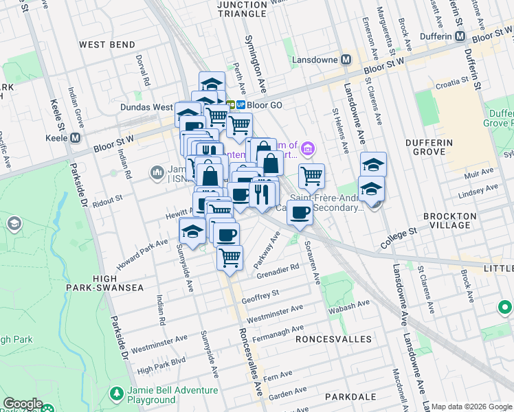 map of restaurants, bars, coffee shops, grocery stores, and more near 2090 Dundas Street West in Toronto