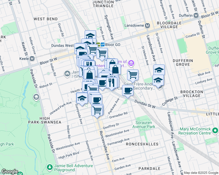 map of restaurants, bars, coffee shops, grocery stores, and more near in Toronto