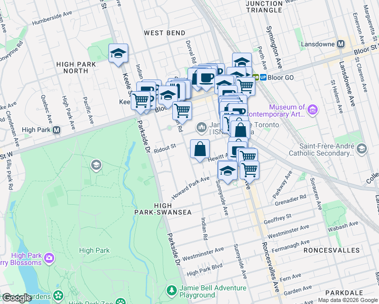 map of restaurants, bars, coffee shops, grocery stores, and more near 79 Boustead Avenue in Toronto
