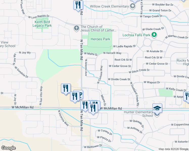 map of restaurants, bars, coffee shops, grocery stores, and more near 3024 West Divide Creek Drive in Meridian