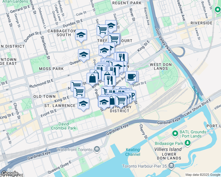 map of restaurants, bars, coffee shops, grocery stores, and more near 90 Trinity Street in Toronto