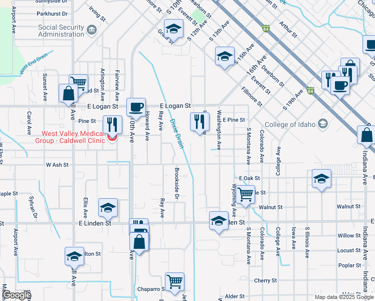 map of restaurants, bars, coffee shops, grocery stores, and more near 1922 Oregon Avenue in Caldwell