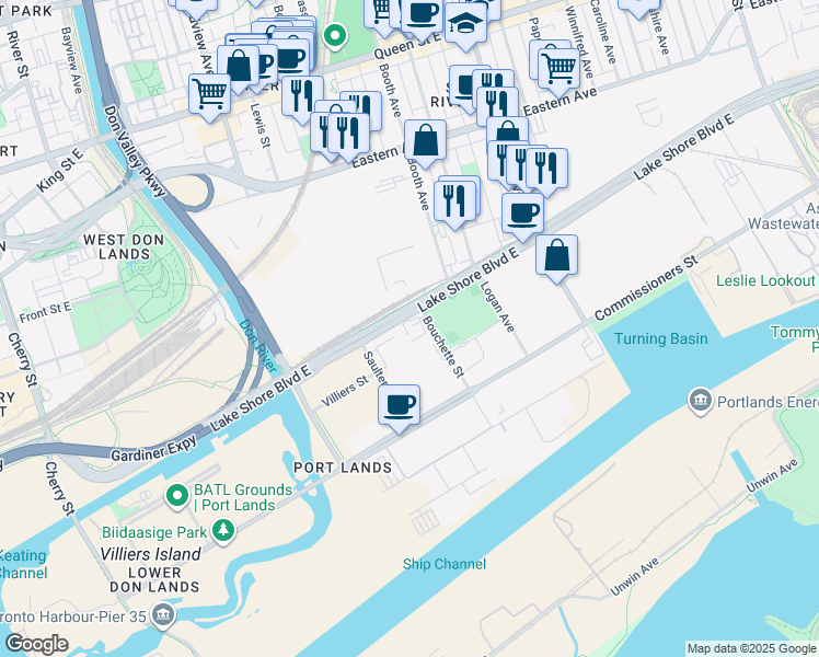 map of restaurants, bars, coffee shops, grocery stores, and more near Gardiner Expy in Toronto