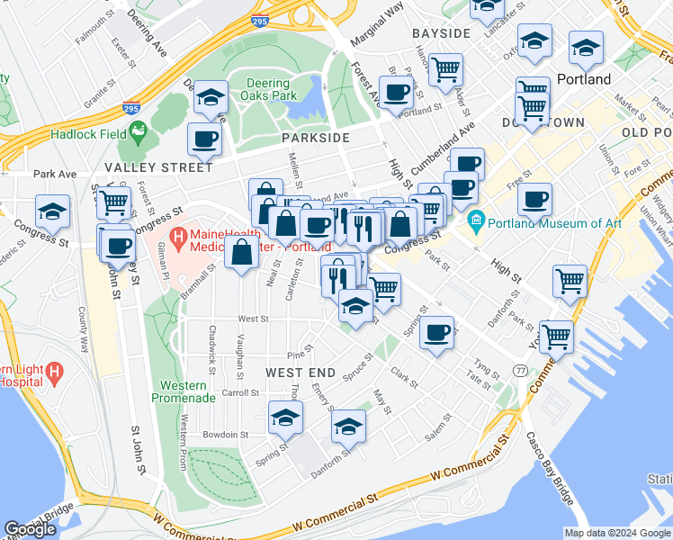 map of restaurants, bars, coffee shops, grocery stores, and more near 714 Congress Street in Portland