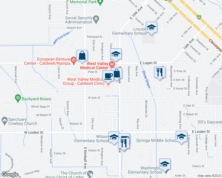 map of restaurants, bars, coffee shops, grocery stores, and more near 2017 Fairview Avenue in Caldwell