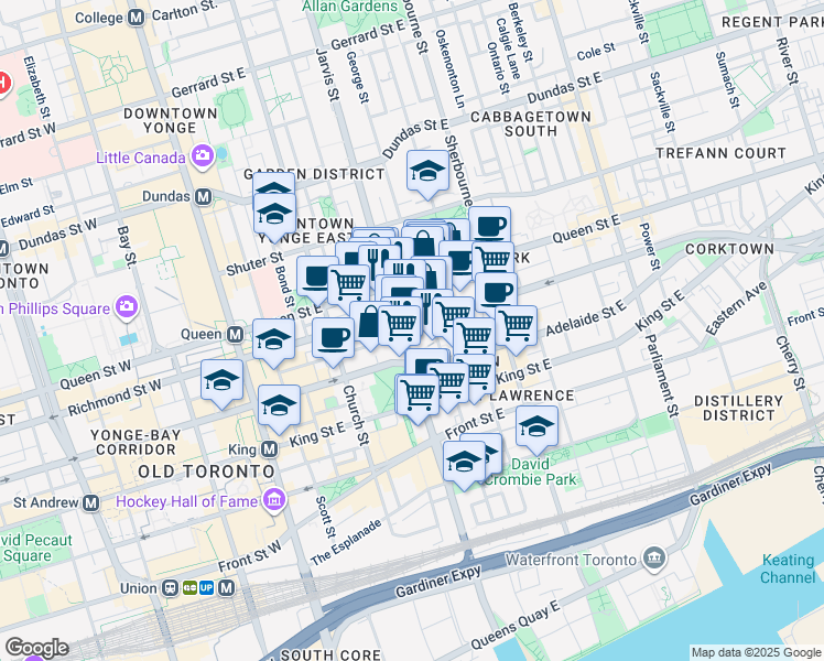 map of restaurants, bars, coffee shops, grocery stores, and more near in Toronto