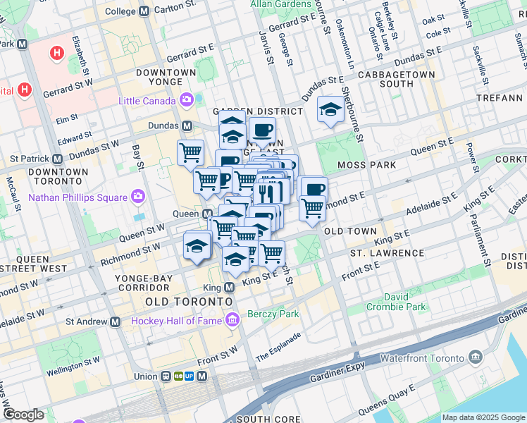 map of restaurants, bars, coffee shops, grocery stores, and more near 65 Queen Street East in Toronto