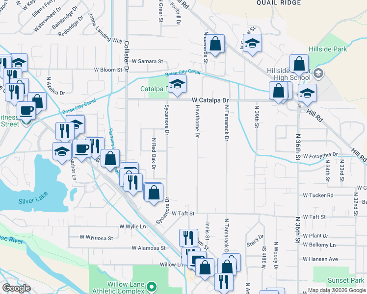 map of restaurants, bars, coffee shops, grocery stores, and more near 3610 Sycamore Drive in Boise