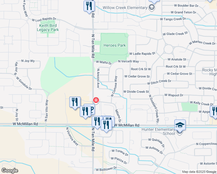 map of restaurants, bars, coffee shops, grocery stores, and more near 3017 West Ditch Creek Street in Meridian