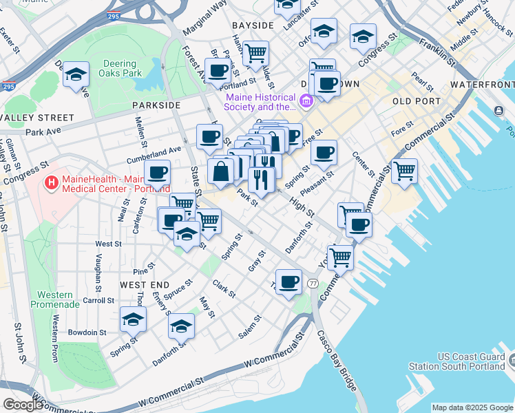map of restaurants, bars, coffee shops, grocery stores, and more near 1 Spring Street Place in Portland