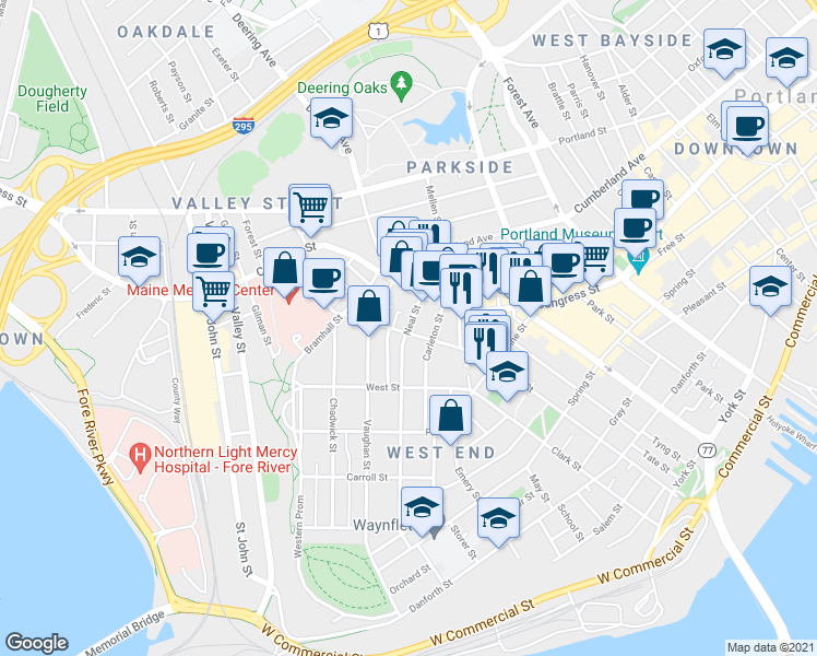 map of restaurants, bars, coffee shops, grocery stores, and more near 168 Neal Street in Portland