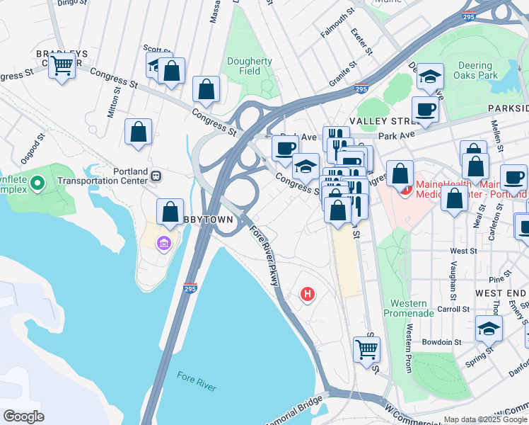 map of restaurants, bars, coffee shops, grocery stores, and more near 52 Frederic Street in Portland
