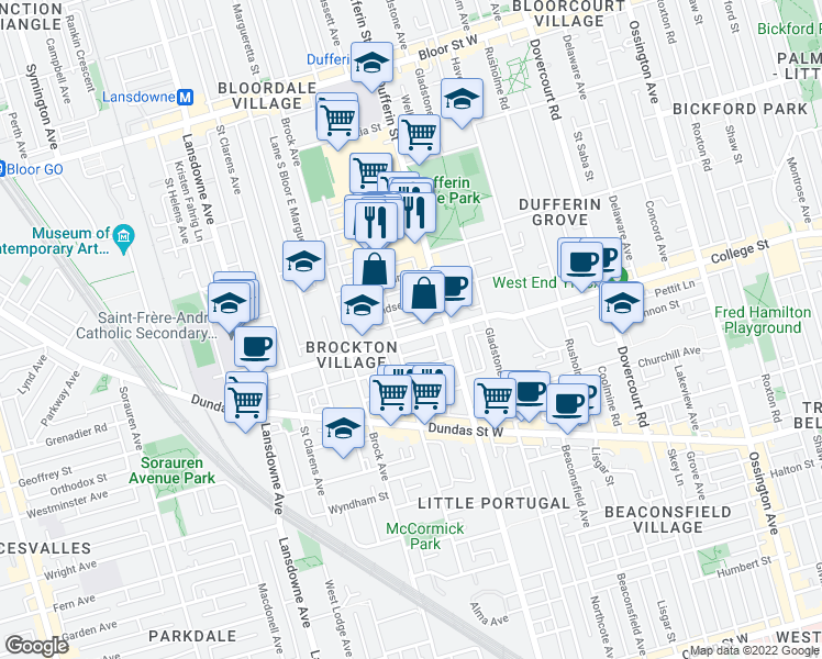 map of restaurants, bars, coffee shops, grocery stores, and more near in Toronto