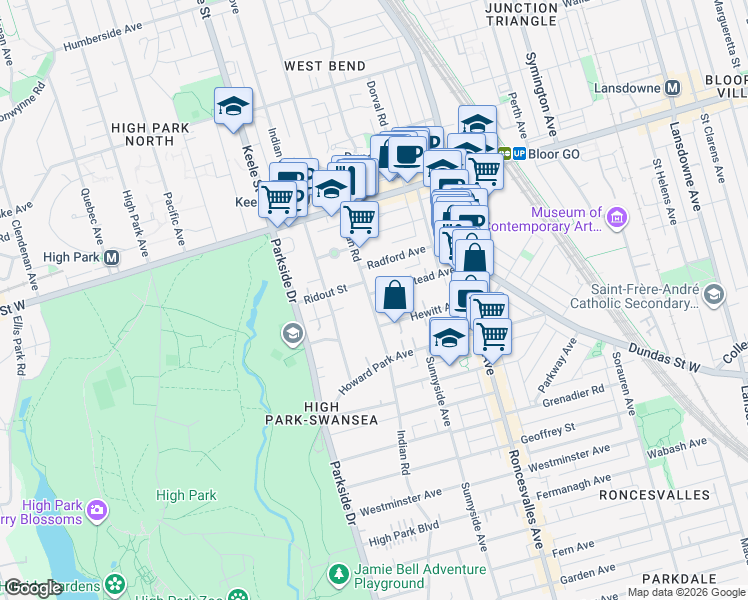 map of restaurants, bars, coffee shops, grocery stores, and more near in Toronto