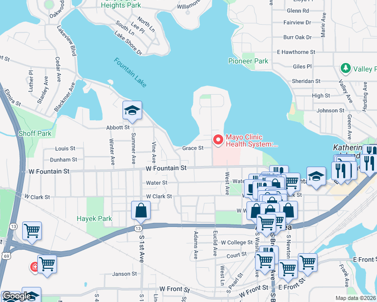 map of restaurants, bars, coffee shops, grocery stores, and more near 615 Grace Street in Albert Lea