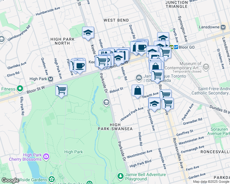 map of restaurants, bars, coffee shops, grocery stores, and more near 60 Indian Grove in Toronto