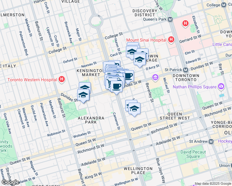 map of restaurants, bars, coffee shops, grocery stores, and more near Spadina Avenue in Toronto