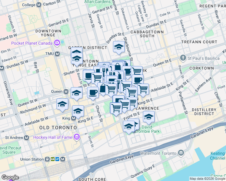 map of restaurants, bars, coffee shops, grocery stores, and more near 113 Jarvis Street in Toronto