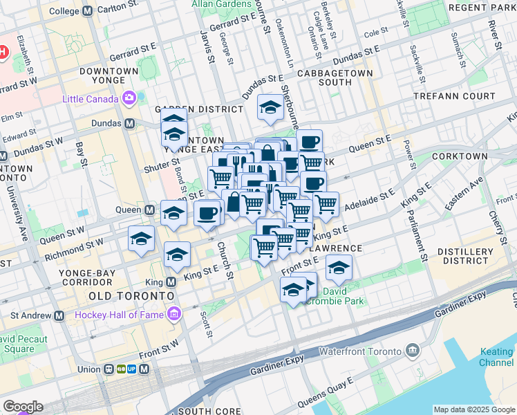 map of restaurants, bars, coffee shops, grocery stores, and more near in Toronto