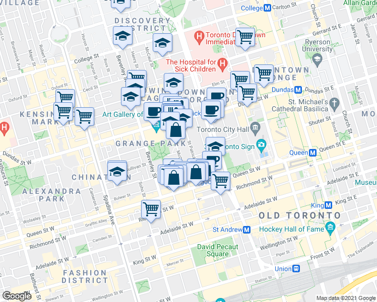 map of restaurants, bars, coffee shops, grocery stores, and more near 80 Saint Patrick Street in Toronto