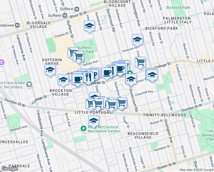 map of restaurants, bars, coffee shops, grocery stores, and more near 42 Rusholme Park Crescent in Toronto